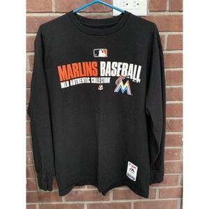 Majestic Miami Marlins Baseball Black Long Sleeve Shirt Size Large